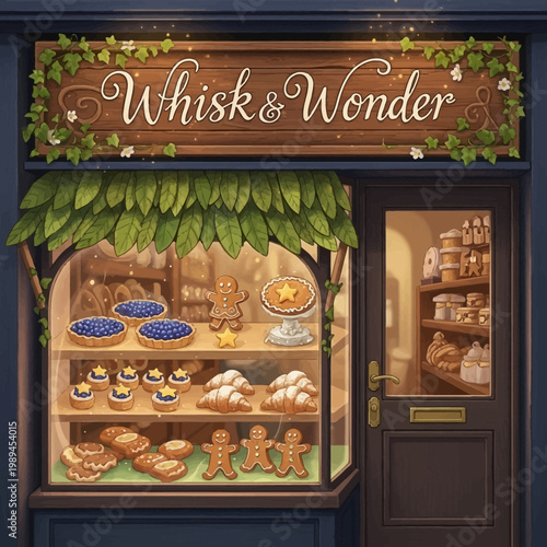 Whimsical Bakery Display with Gingerbread Cookies and Pastries.