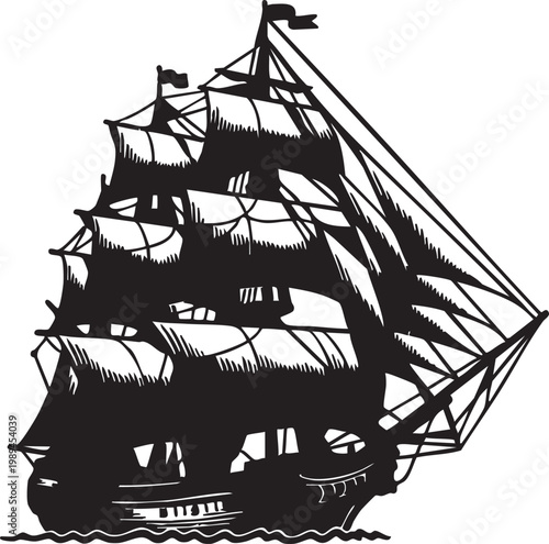 Classic black and white silhouette of a vintage sailing ship nautical galleon with full sails catching wind for maritime travel sea exploration and historic adventure