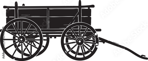 Antique wooden farm wagon silhouette with spoked wheels and hitch representing vintage rural transportation for agricultural hauling in historical Western landscapes