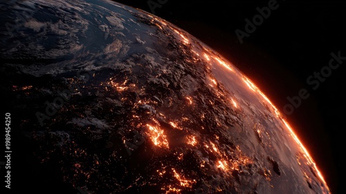 Earth viewed from space, global destruction with burning fissures, cinematic sci-fi realism, ultra-detailed 8K