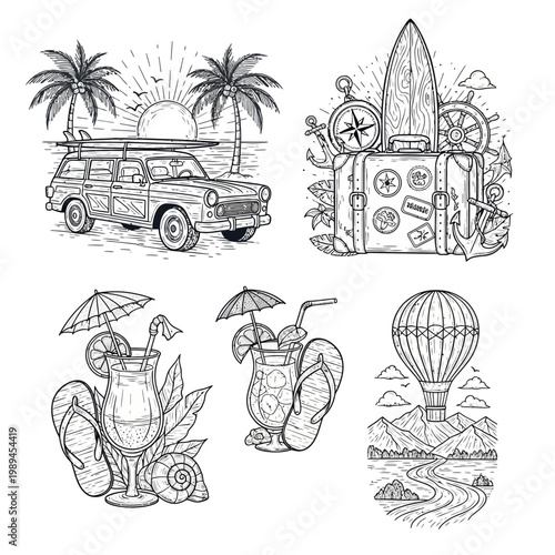 Vintage Summer Vacation Elements Collection Line Art.