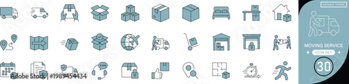 Moving service line icon set featuring relocation, logistics, shipping, transportation, packing, delivery, truck, storage, boxes and carrier. editable stroke vector set. professional icons.