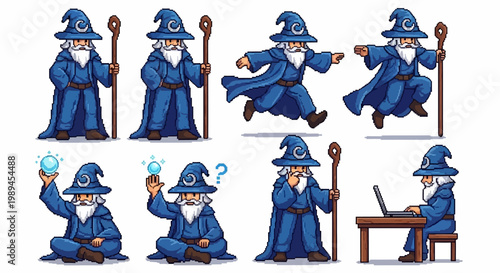 Collection of Wizard Characters in Various Poses and Actions.