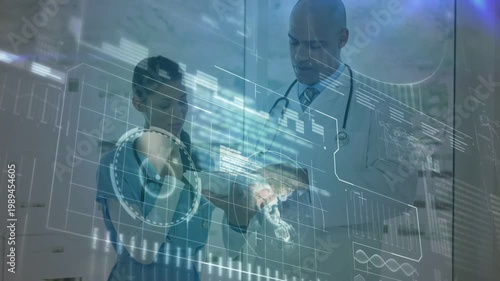 Medical team leaning and touching globe while doctor pointing tablet causing charts reviewing data