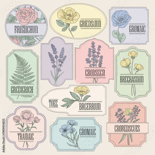 Collection of Vintage Botanical Labels with Floral Illustrations.