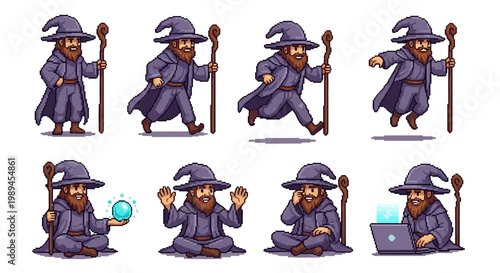Pixel Art Wizard Character Set with Various Poses.