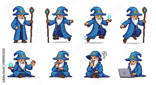 Collection of Pixel Art Wizards in Various Poses and Actions.