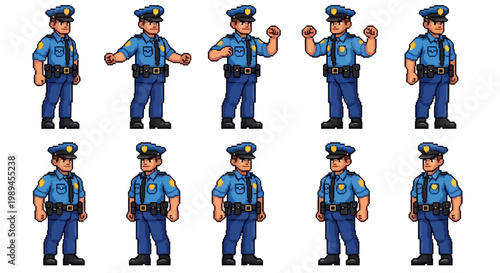 Pixel Art Police Officer Character Sprites Collection.