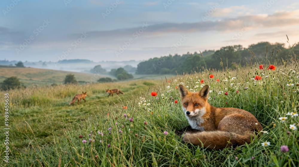 Obraz premium Red fox resting in a field of wildflowers at sunrise with fog in the distance