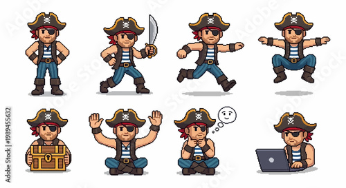 Pixel Art Pirate Character Set With Multiple Poses.
