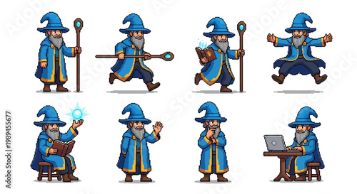 Collection of Pixel Art Wizards in Various Poses and Actions.