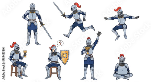 Collection of Knights in Various Poses and Actions.