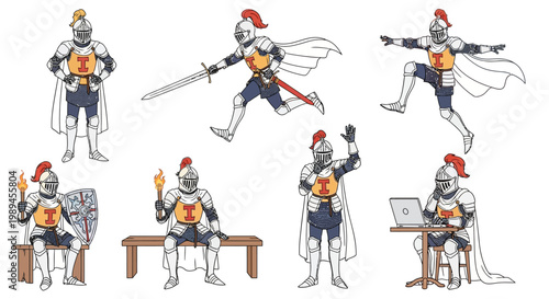 Collection of Knights in Various Poses and Activities.