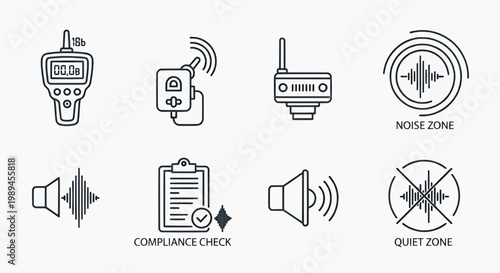 Various noise monitoring devices and icons indicating quiet and noise zones are shown.