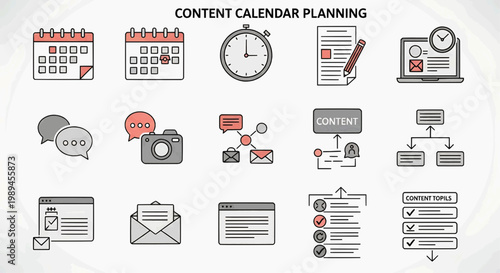 Content calendar planning icons illustrate business organization workflow process
