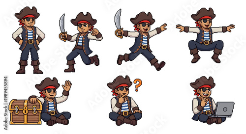Pixel Art Pirate Character Set With Multiple Poses.