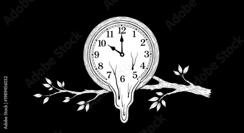 Surreal melting clock on a tree branch, abstract black and white illustration representing the passage and distortion of time.