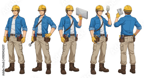 Construction Worker Character Set Multiple Poses.