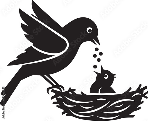 A heartwarming stylized black and white illustration captures the essence of parental care as a nurturing bird feeds its hungry chick nestled safely within a meticulously detailed, cozy bird's nest