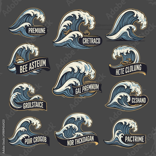Collection of stylized wave emblems with unique names.