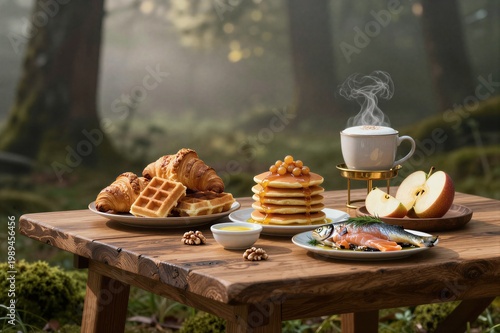 Wooden table presenting hot breakfast spread in forest