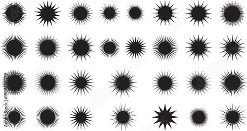 Abstract graphic sunburst and starburst elements in black. Diverse radiating and spiky shapes for dynamic visual impact and energetic accents in creative design projects