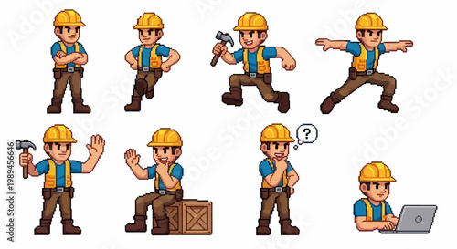 Construction Worker Character Set Pixel Art.