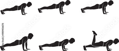 Detailed visual guide demonstrating the correct form for push-ups and an advanced leg lift variation, essential for a comprehensive bodyweight strength training workout routine