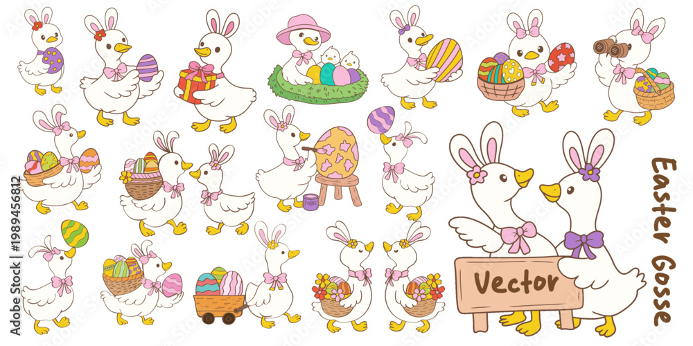 Fototapeta premium Happy Easter. Spring holiday greeting card collection. Cute pastel silly easter goose bunny ear seamless pattern cartoon cottage spring hand drawn style.