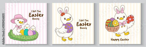 Happy Easter. Spring holiday greeting card collection. Cute pastel silly easter goose bunny ear seamless pattern cartoon cottage spring hand drawn style.