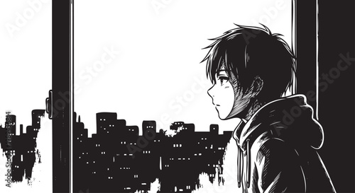 Принти на полотні Anime boy looking out window, cityscape view, manga style illustration, black an
