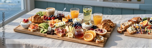 Breakfast charcuterie board arranged with drinks on sunlit table