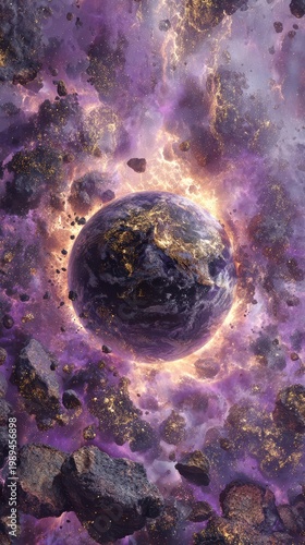  Earth breaking apart inside a colorful nebula, purple and gold space dust mixing with planetary remains, realistic textures 