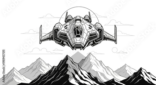 Detailed black and white illustration of a futuristic sci-fi spaceship hovering above sharp mountain peaks, adventure concept.