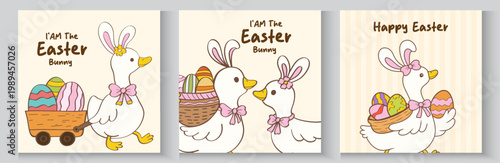 Happy Easter. Spring holiday greeting card collection. Cute pastel silly easter goose bunny ear seamless pattern cartoon cottage spring hand drawn style.