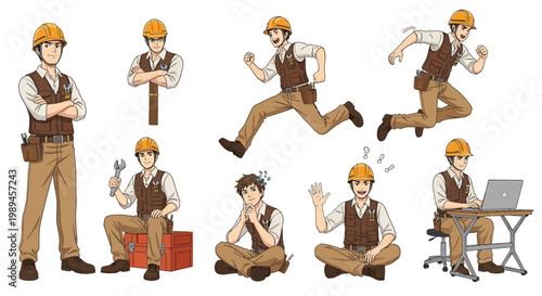 Construction Worker Character Set Poses.