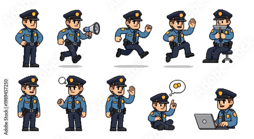 Pixel Art Police Officers in Various Poses and Actions.