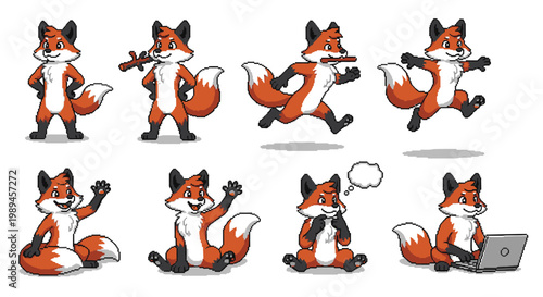 Cute Fox Character Set in Various Poses.