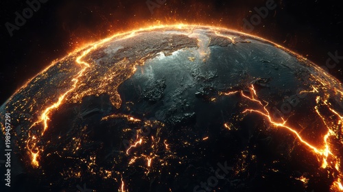 Planet Earth apocalypse concept, glowing fire lines across fractures, subtle destruction, realistic 8K 