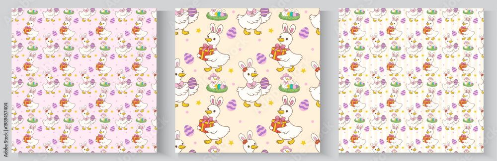 Naklejka premium Happy Easter. Spring holiday greeting card collection. Cute pastel silly easter goose bunny ear seamless pattern cartoon cottage spring hand drawn style.
