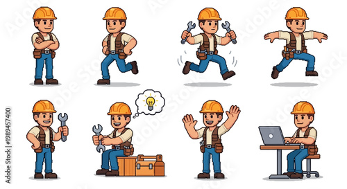 Construction worker character set with multiple poses and actions.