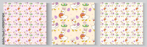 Happy Easter. Spring holiday greeting card collection. Cute pastel silly easter goose bunny ear seamless pattern cartoon cottage spring hand drawn style.