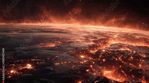 Planet Earth apocalypse, fiery fissures spreading across land, glowing magma and smoke, dramatic realistic space scene, 8K 