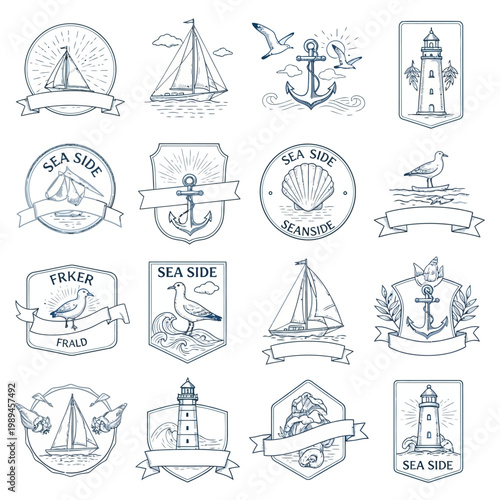 Photography Nautical Emblems and Badges Collection with Maritime Symbols.
