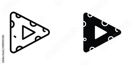 Contrast between a hollow and solid triangular play button design with grid patterns