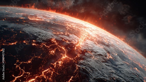 Planet Earth apocalypse scene, glowing lava cracks visible from space, dramatic lighting, ultra-detailed realistic 8K