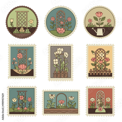 Vintage Garden Illustrations with Flowers and Trellises.