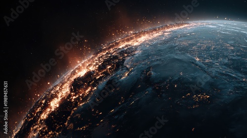 Planet Earth breaking subtly, fire only along tectonic fractures, dark cosmic background, cinematic 8K