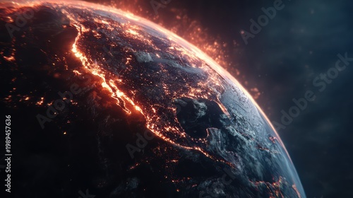 Planet Earth breaking subtly, fire only along tectonic fractures, dark cosmic background, cinematic 8K