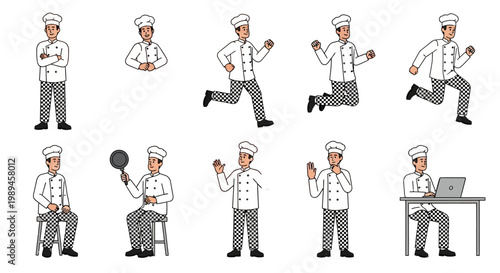 Collection of Chef Illustrations in Various Poses and Actions.